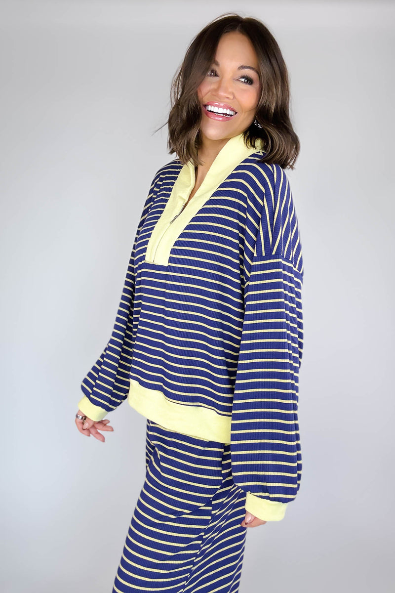 Bucketlist Blue And Yellow Half Zip-up Stripe Print Pullover Top
