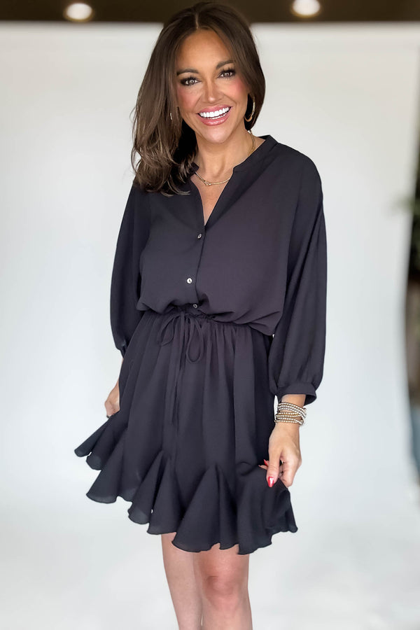 Button Down Black Drawstring Waist Woven Mini Dress
