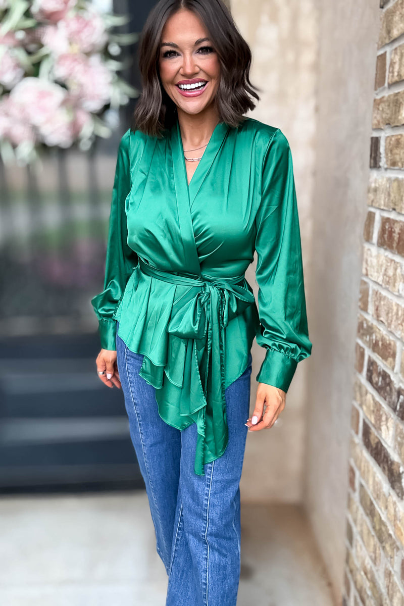 Kelly Green Woven Silky Tie Waist Blouse