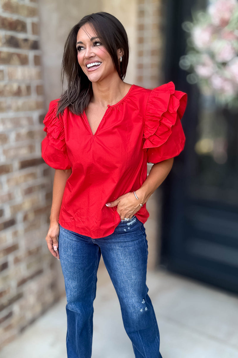 Sugarlips Red Short Ruffle Sleeve Key Hole Blouse