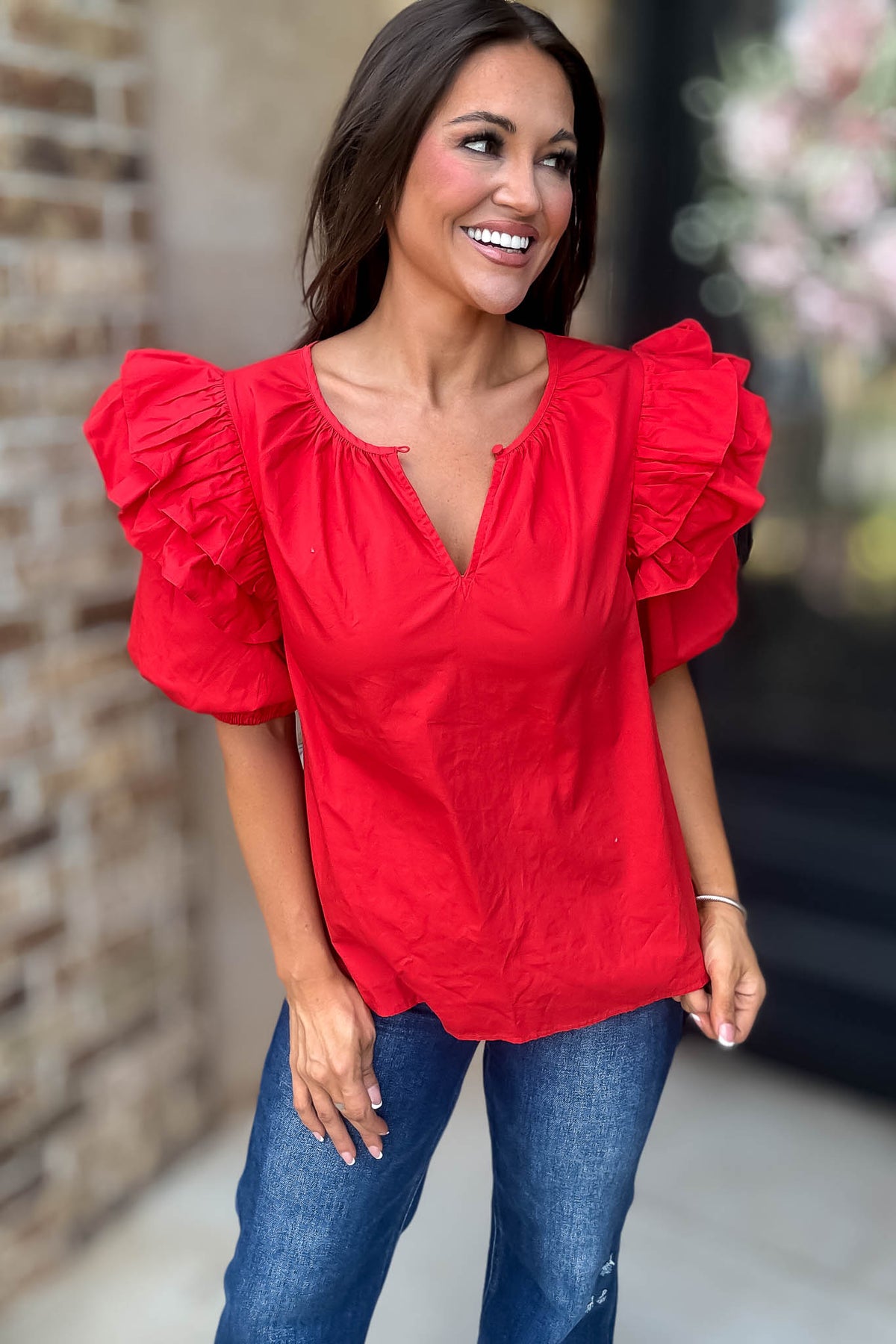 Sugarlips Red Short Ruffle Sleeve Key Hole Blouse – Stella Rae's