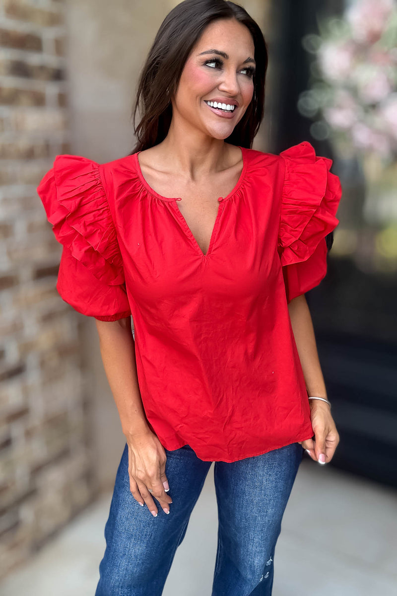 Sugarlips Red Short Ruffle Sleeve Key Hole Blouse