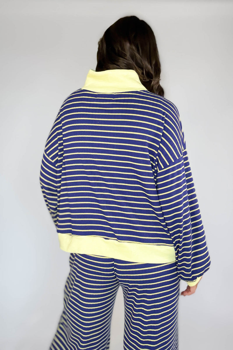 Bucketlist Blue And Yellow Half Zip-up Stripe Print Pullover Top