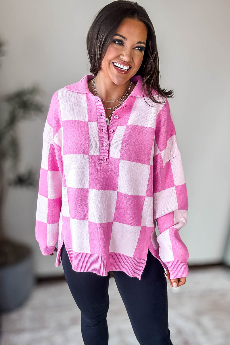 Pink Checkerboard Collared Drop Shoulder Sweater