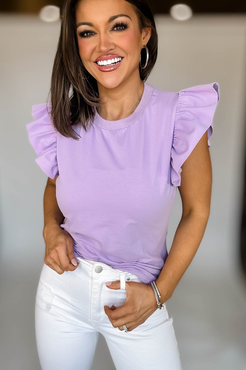 Lavender Poplin Ruffle Sleeve Top