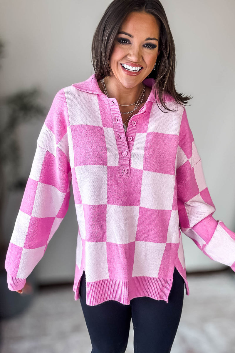Pink Checkerboard Collared Drop Shoulder Sweater