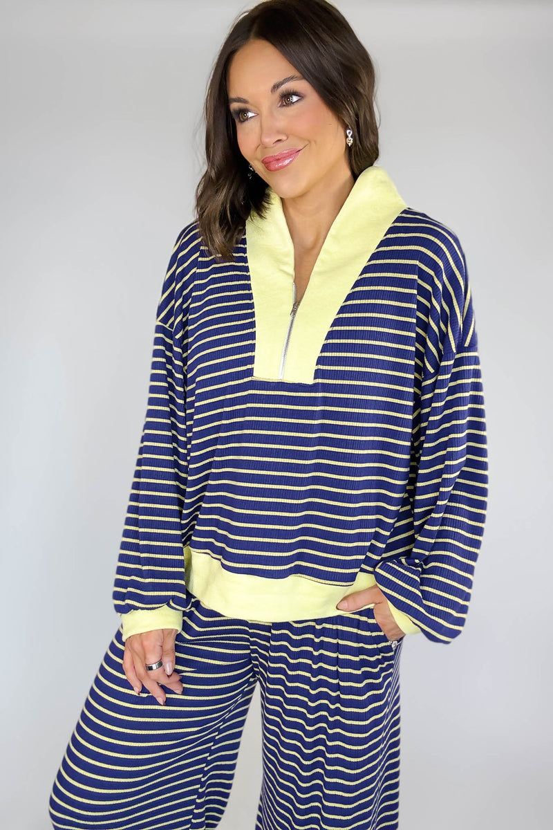 Bucketlist Blue And Yellow Half Zip-up Stripe Print Pullover Top