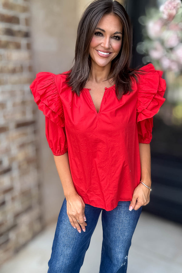 Sugarlips Red Short Ruffle Sleeve Key Hole Blouse