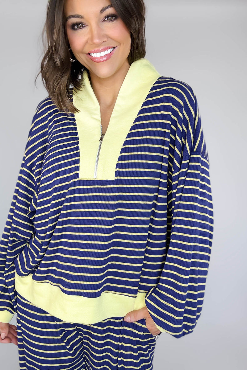 Bucketlist Blue And Yellow Half Zip-up Stripe Print Pullover Top