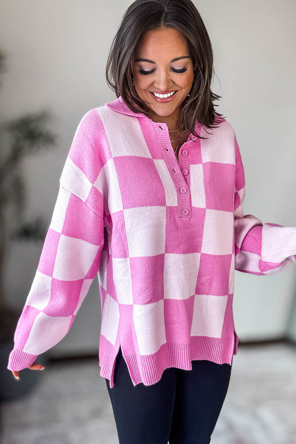 Pink Checkerboard Collared Drop Shoulder Sweater