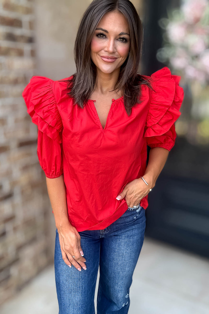 Sugarlips Red Short Ruffle Sleeve Key Hole Blouse