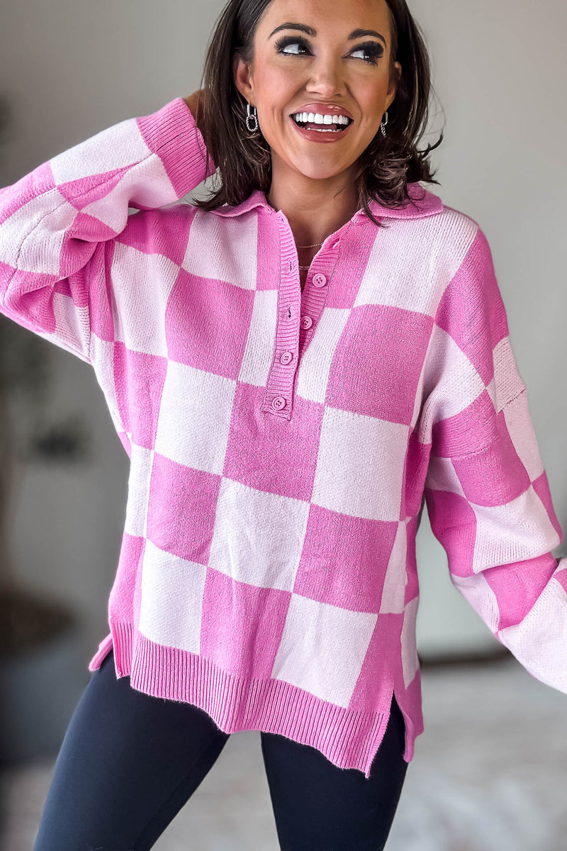 Pink Checkerboard Collared Drop Shoulder Sweater
