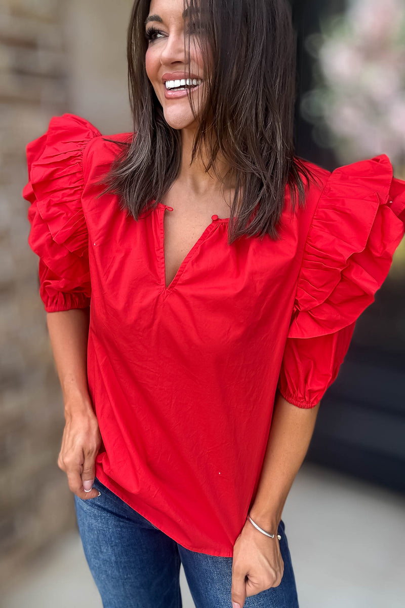 Sugarlips Red Short Ruffle Sleeve Key Hole Blouse