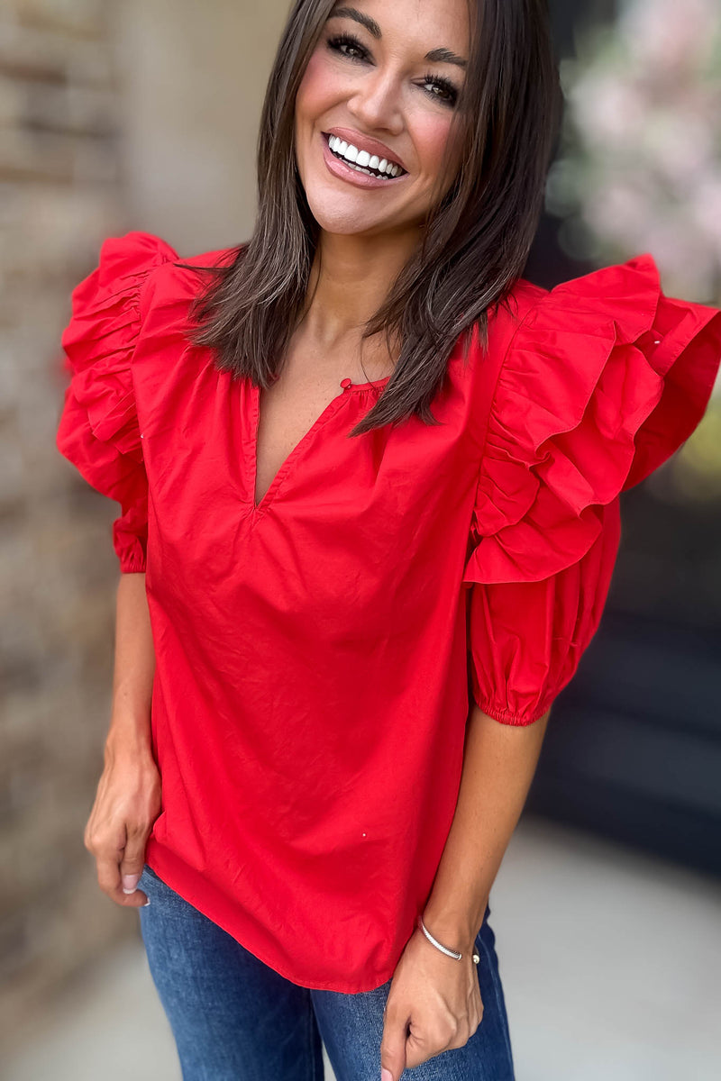 Sugarlips Red Short Ruffle Sleeve Key Hole Blouse