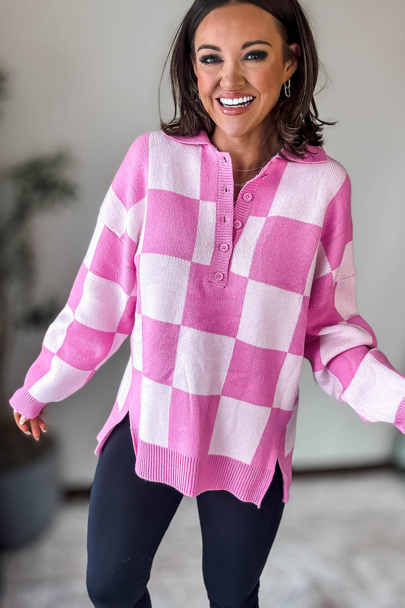 Pink Checkerboard Collared Drop Shoulder Sweater