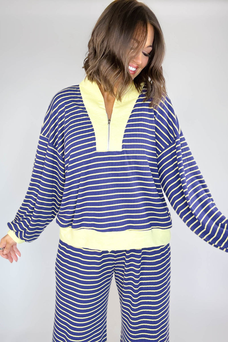Bucketlist Blue And Yellow Half Zip-up Stripe Print Pullover Top