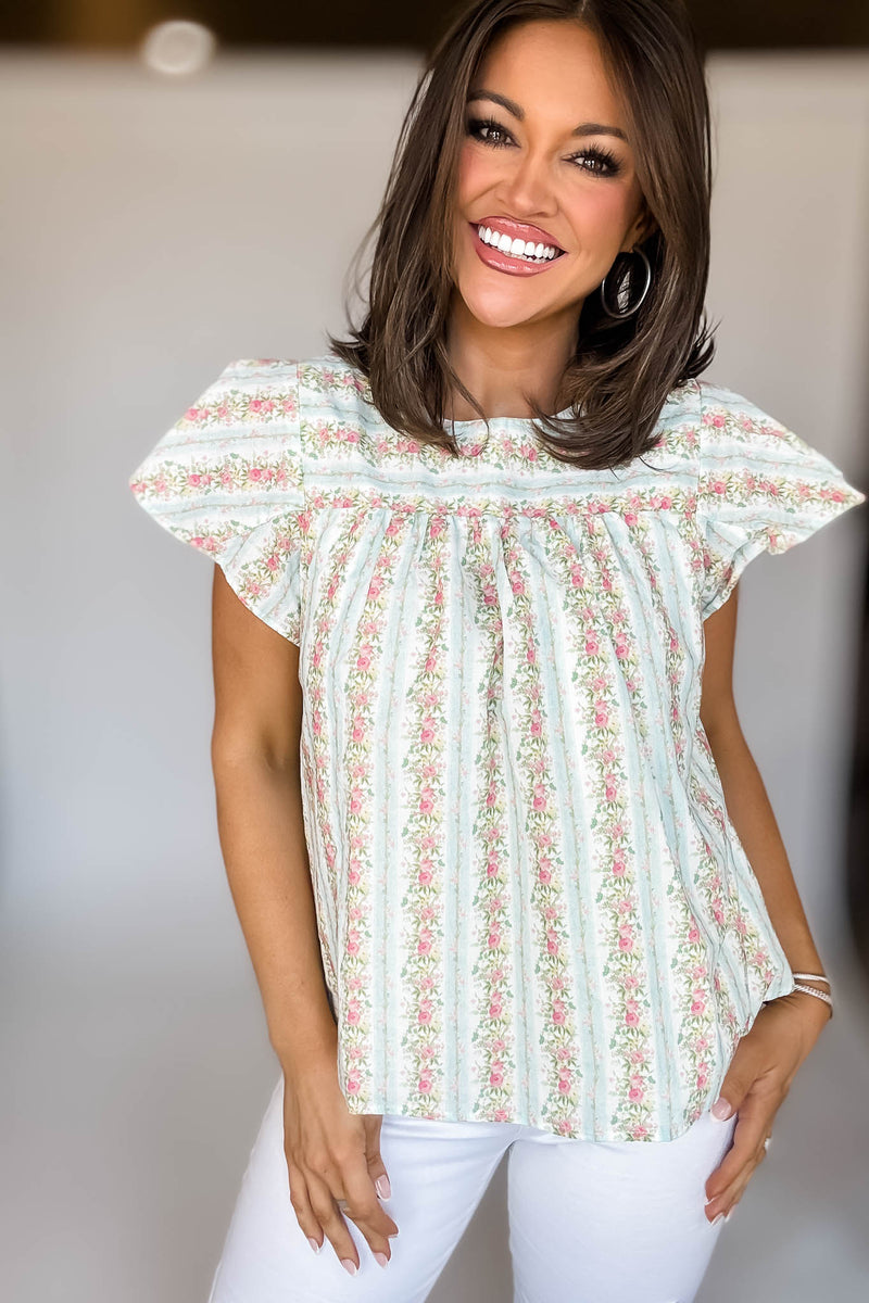 Floral Striped Round Neck Ruffle Sleeves Top