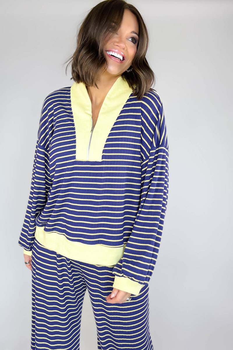 Bucketlist Blue And Yellow Half Zip-up Stripe Print Pullover Top