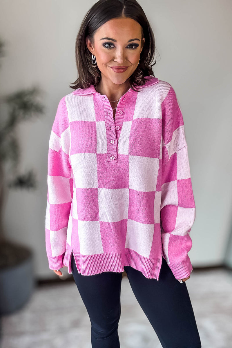 Pink Checkerboard Collared Drop Shoulder Sweater