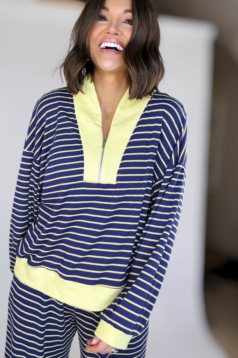 Bucketlist Blue And Yellow Half Zip-up Stripe Print Pullover Top