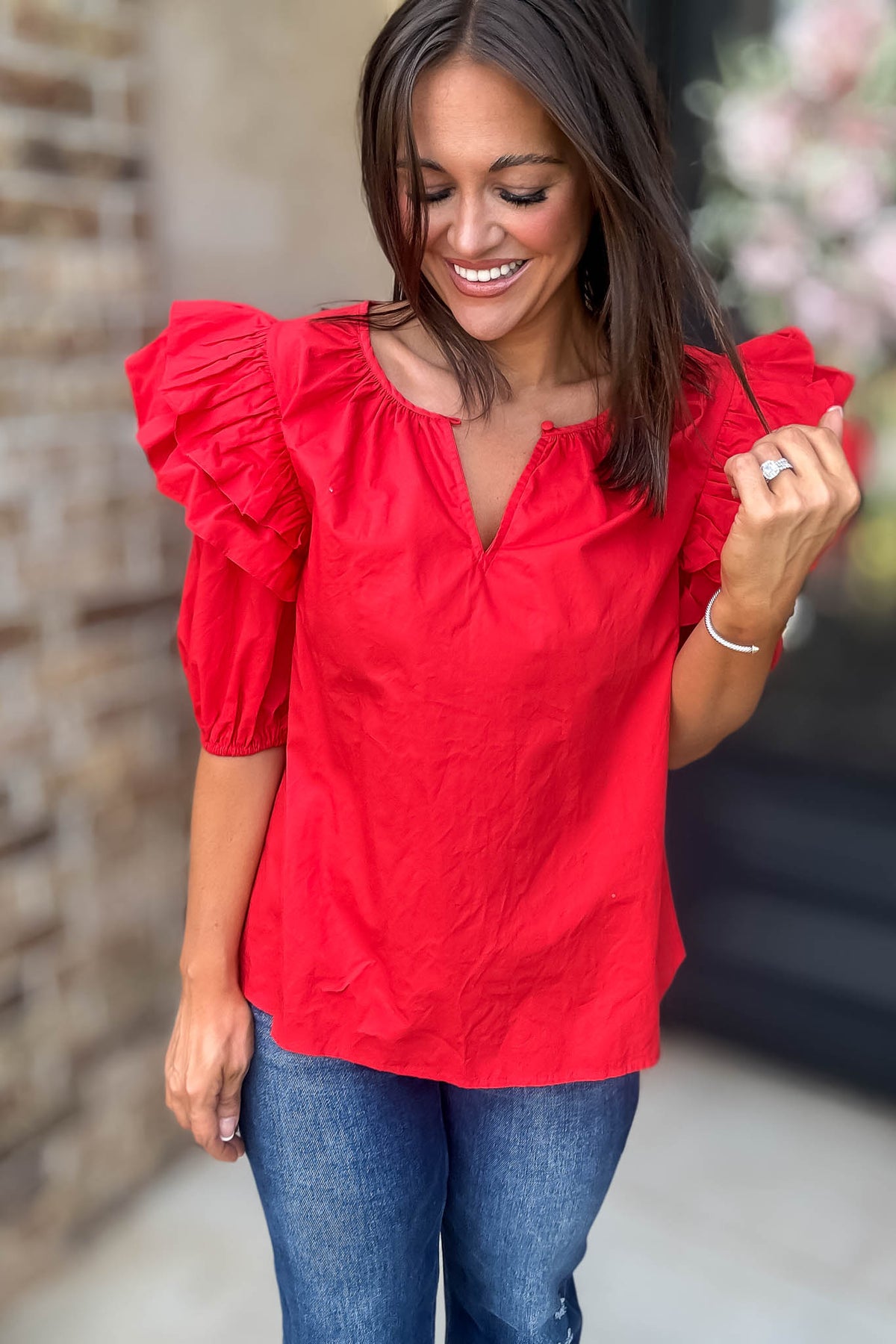 Sugarlips Red Short Ruffle Sleeve Key Hole Blouse – Stella Rae's