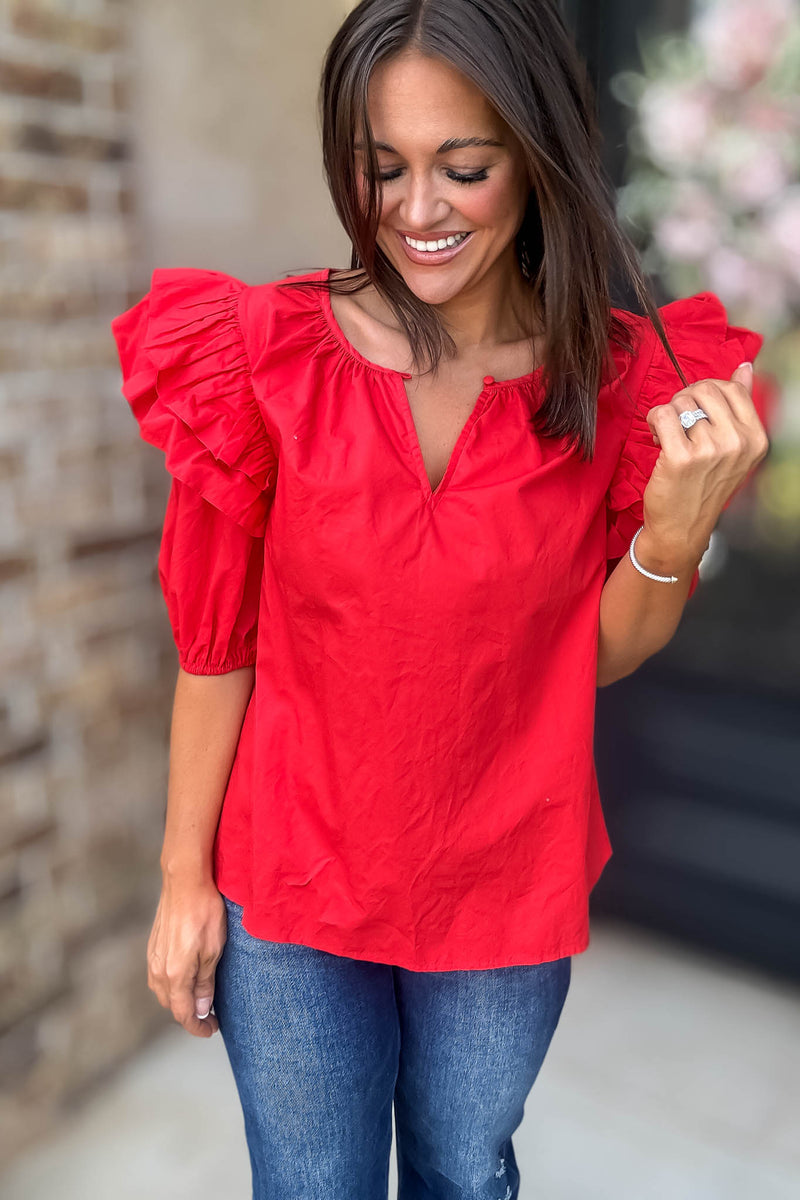 Sugarlips Red Short Ruffle Sleeve Key Hole Blouse