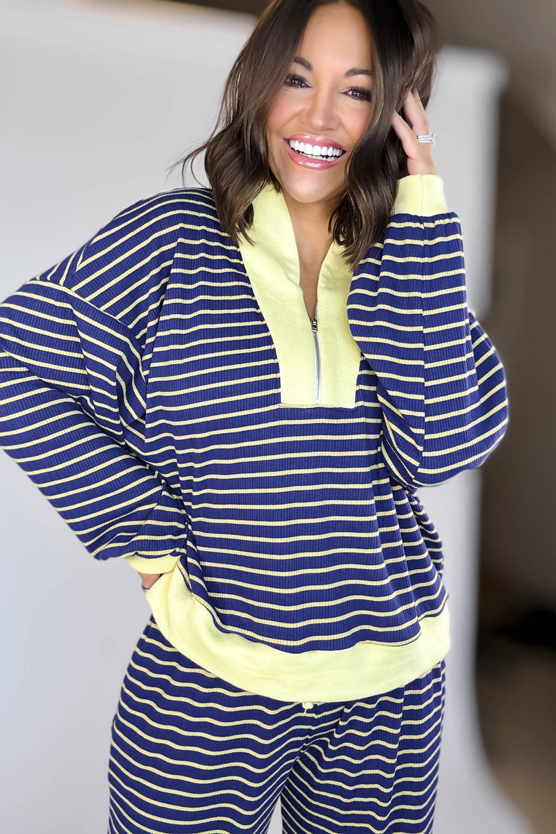 Bucketlist Blue And Yellow Half Zip-up Stripe Print Pullover Top