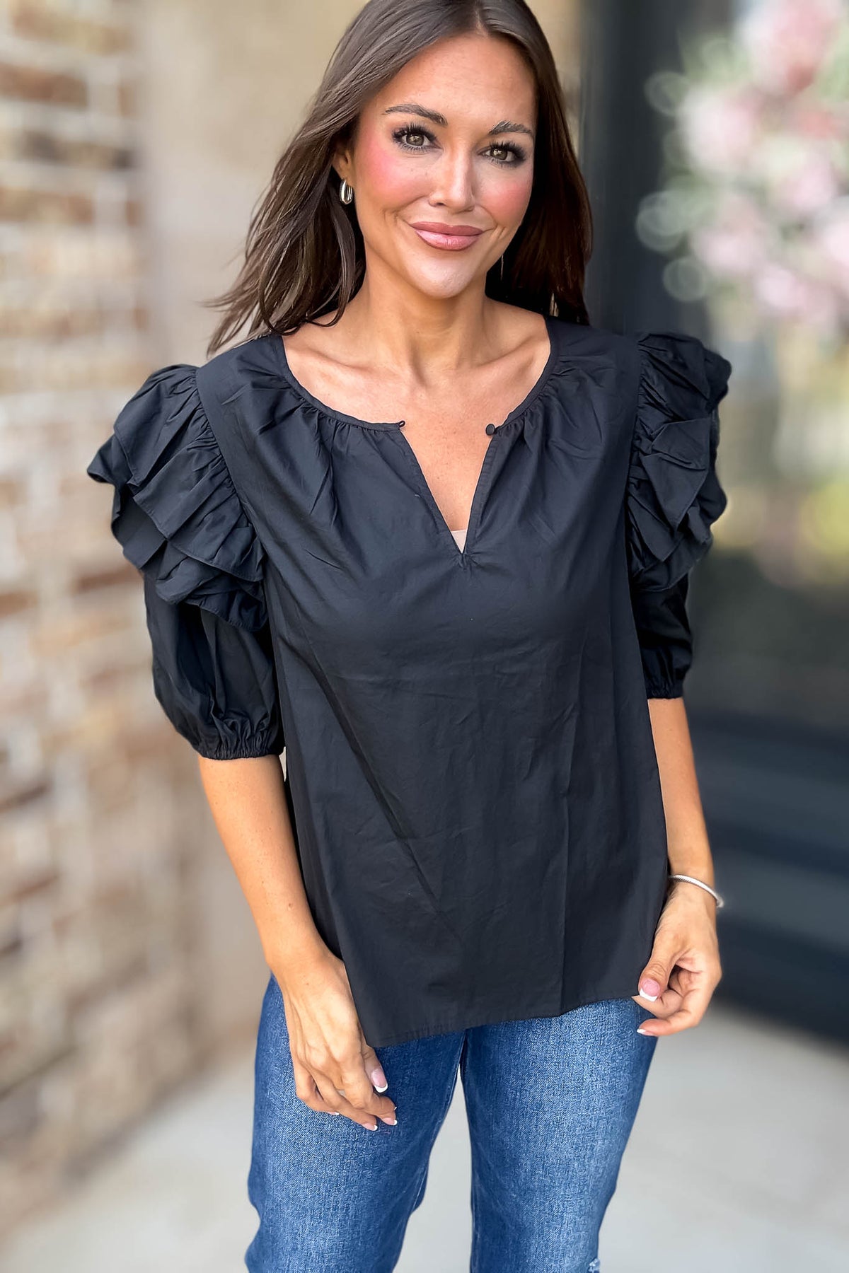 Sugarlips Black Short Ruffle Sleeve Key Hole Blouse – Stella Rae's