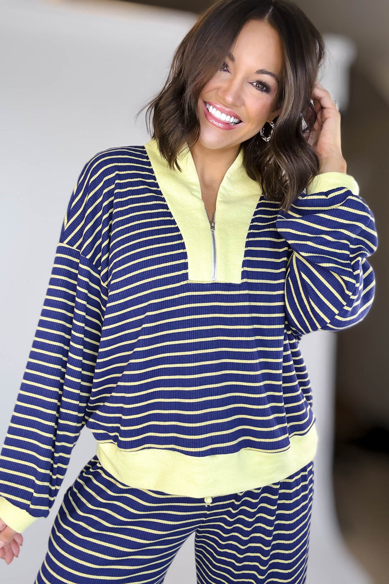 Bucketlist Blue And Yellow Half Zip-up Stripe Print Pullover Top
