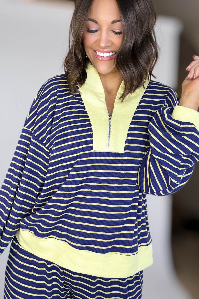 Bucketlist Blue And Yellow Half Zip-up Stripe Print Pullover Top