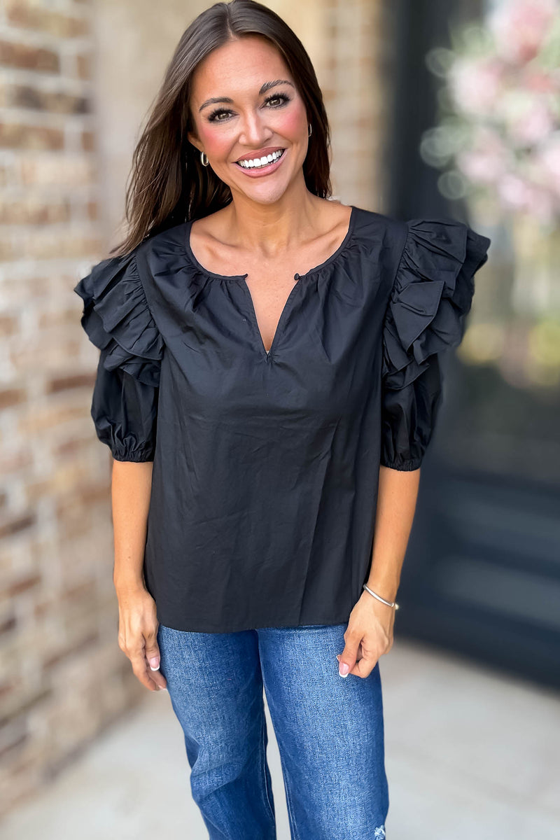 Sugarlips Black Short Ruffle Sleeve Key Hole Blouse