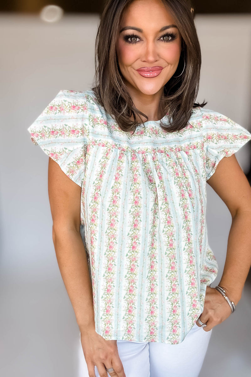 Floral Striped Round Neck Ruffle Sleeves Top