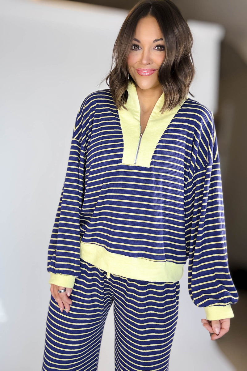 Bucketlist Blue And Yellow Half Zip-up Stripe Print Pullover Top