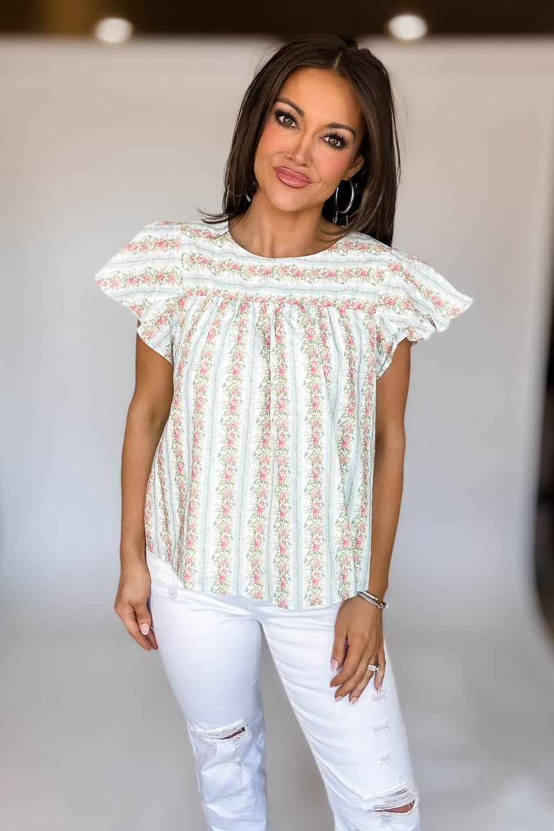 Floral Striped Round Neck Ruffle Sleeves Top