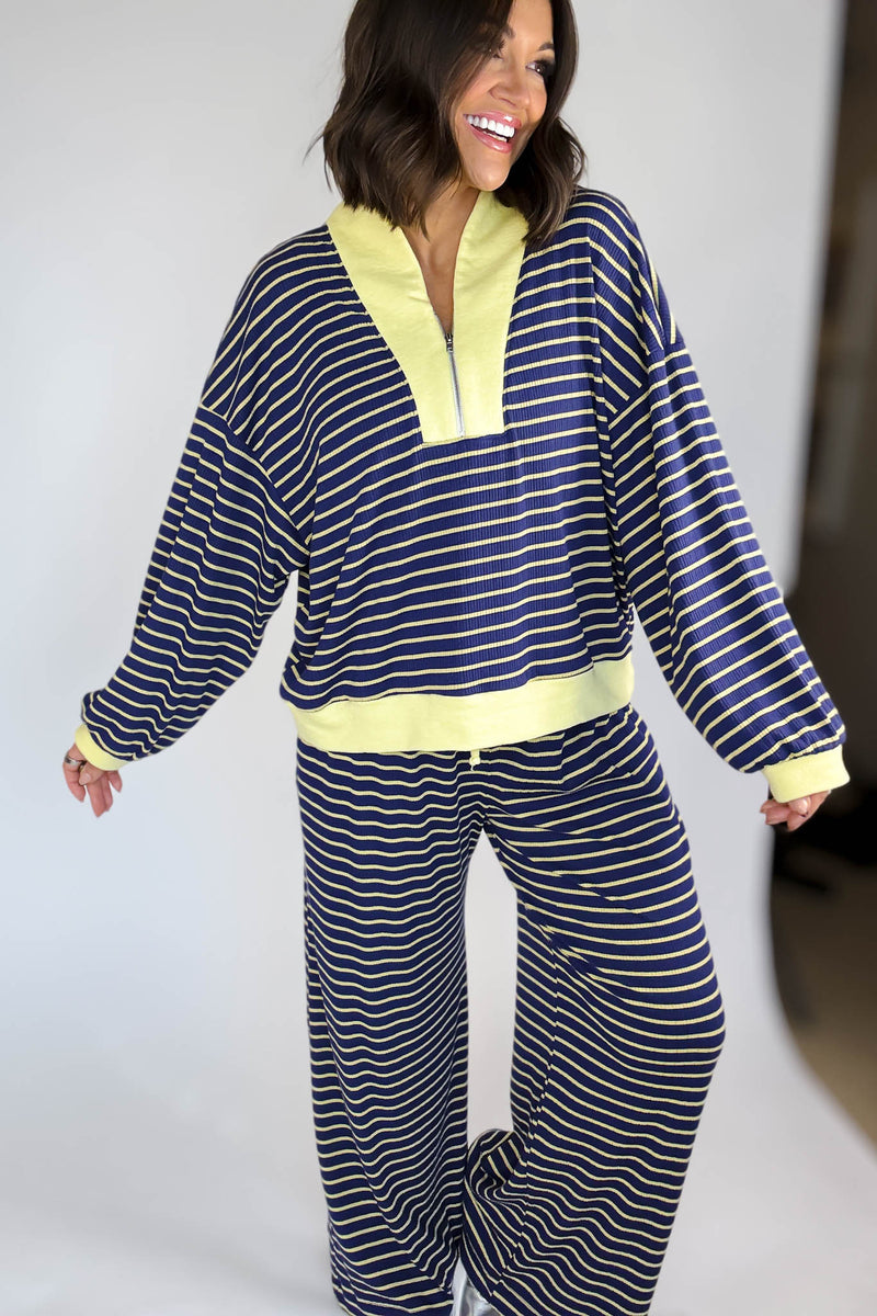 Bucketlist Blue And Yellow Drawstring Waist Stripe Print Ribbed Sweatpants