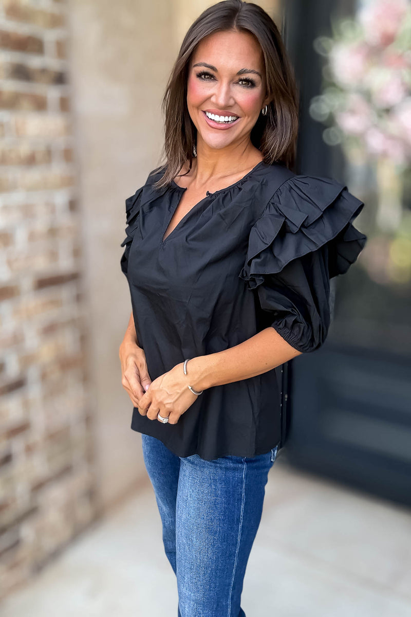 Sugarlips Black Short Ruffle Sleeve Key Hole Blouse