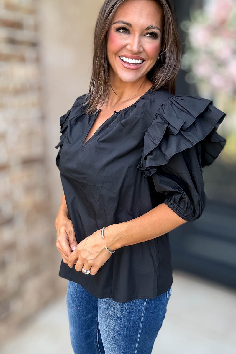Sugarlips Black Short Ruffle Sleeve Key Hole Blouse
