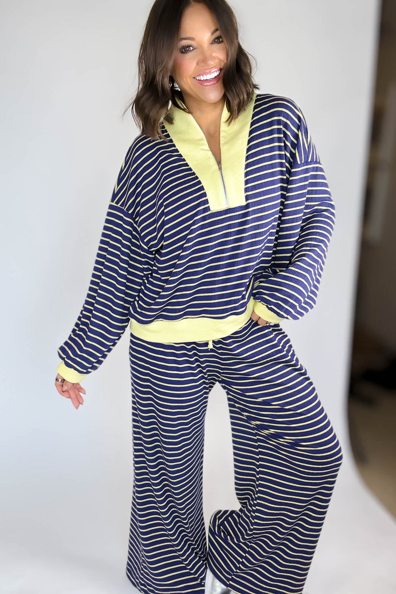 Bucketlist Blue And Yellow Drawstring Waist Stripe Print Ribbed Sweatpants