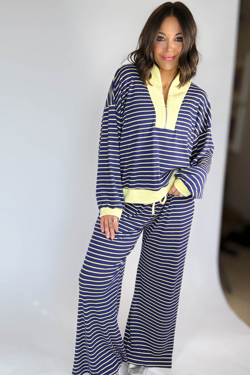 Bucketlist Blue And Yellow Half Zip-up Stripe Print Pullover Top