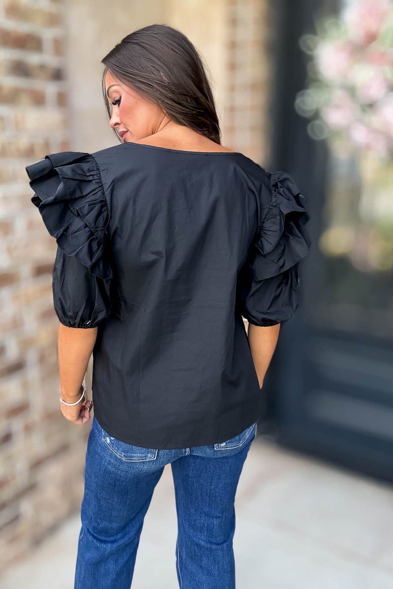 Sugarlips Black Short Ruffle Sleeve Key Hole Blouse