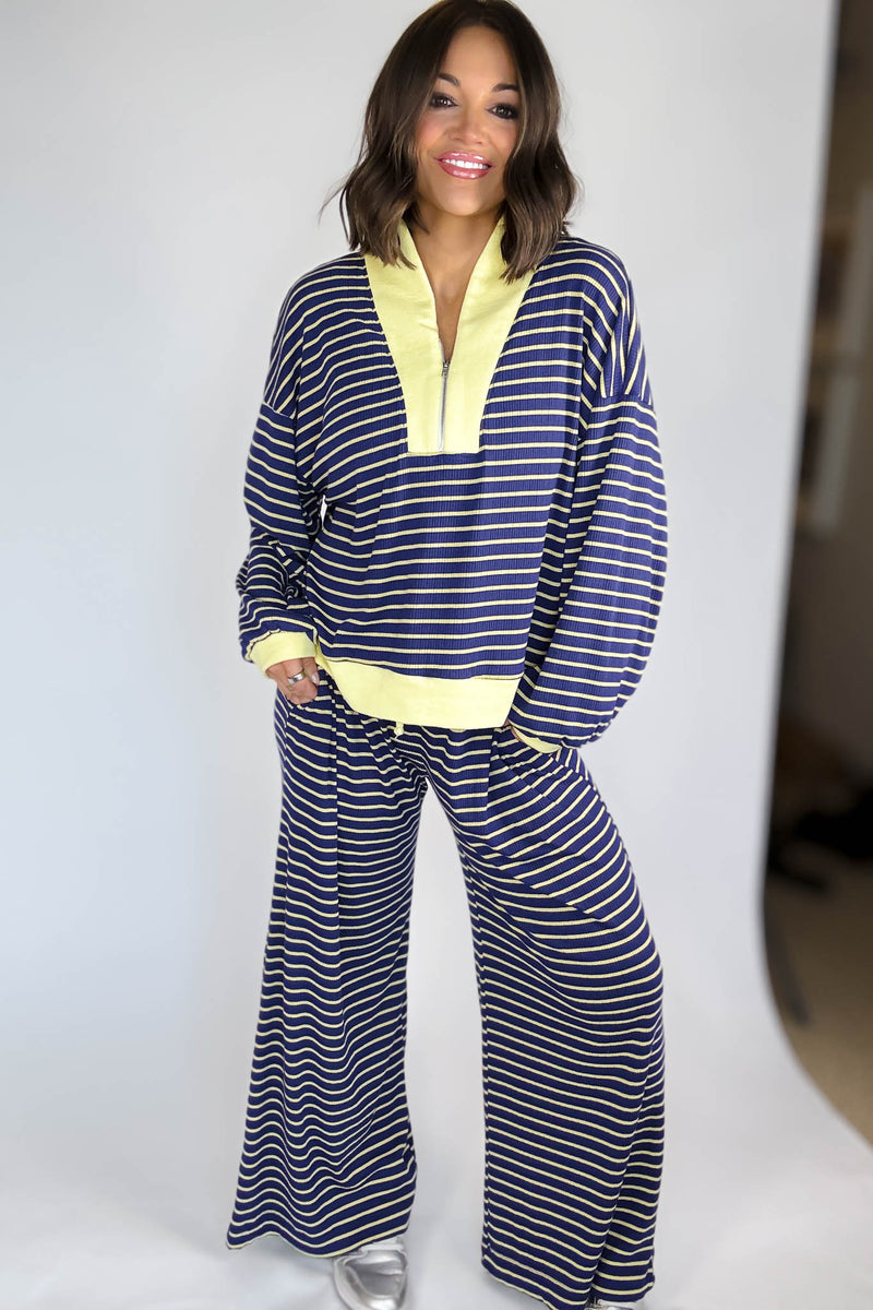 Bucketlist Blue And Yellow Half Zip-up Stripe Print Pullover Top
