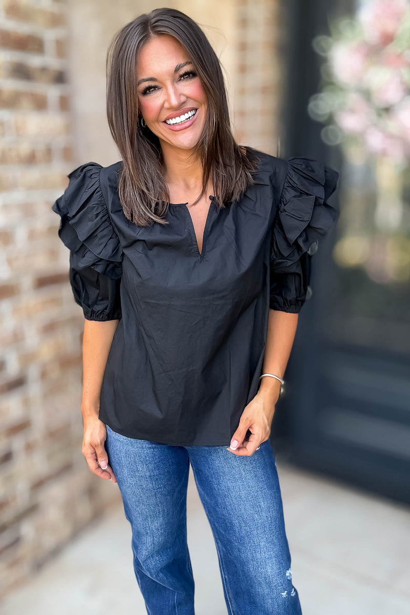 Sugarlips Black Short Ruffle Sleeve Key Hole Blouse