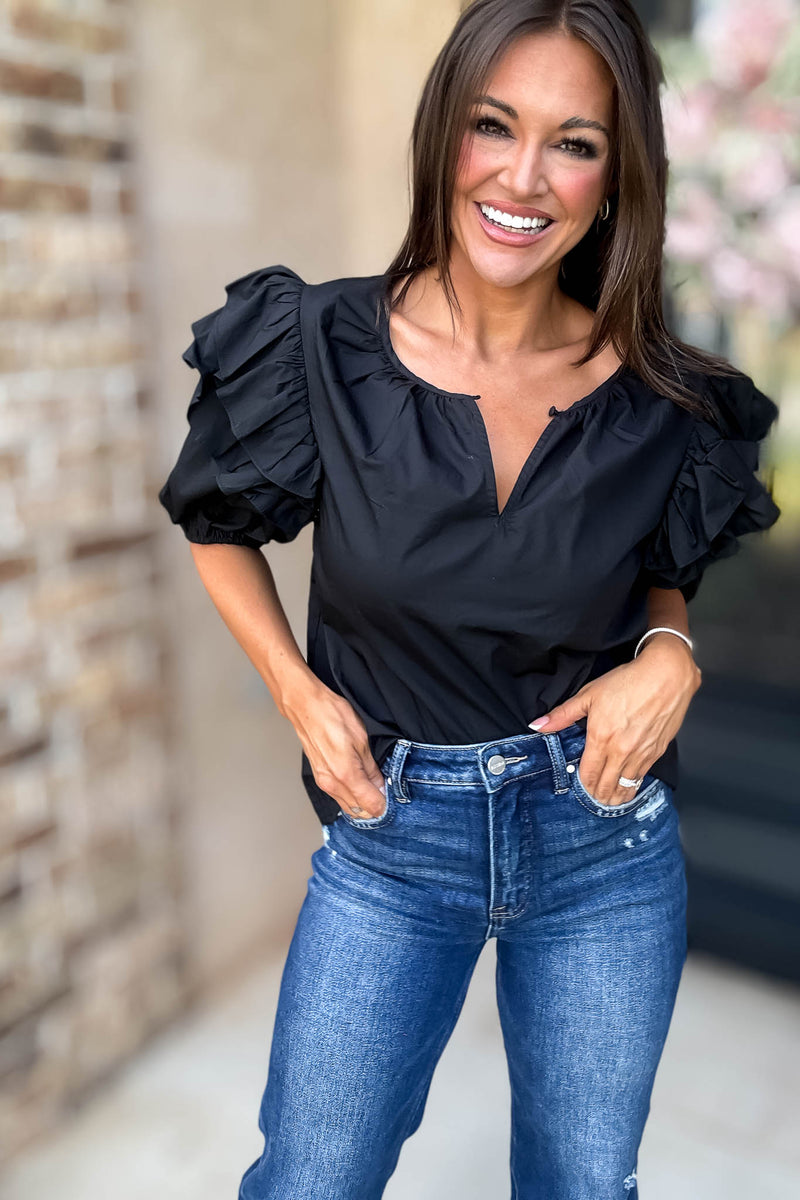 Sugarlips Black Short Ruffle Sleeve Key Hole Blouse