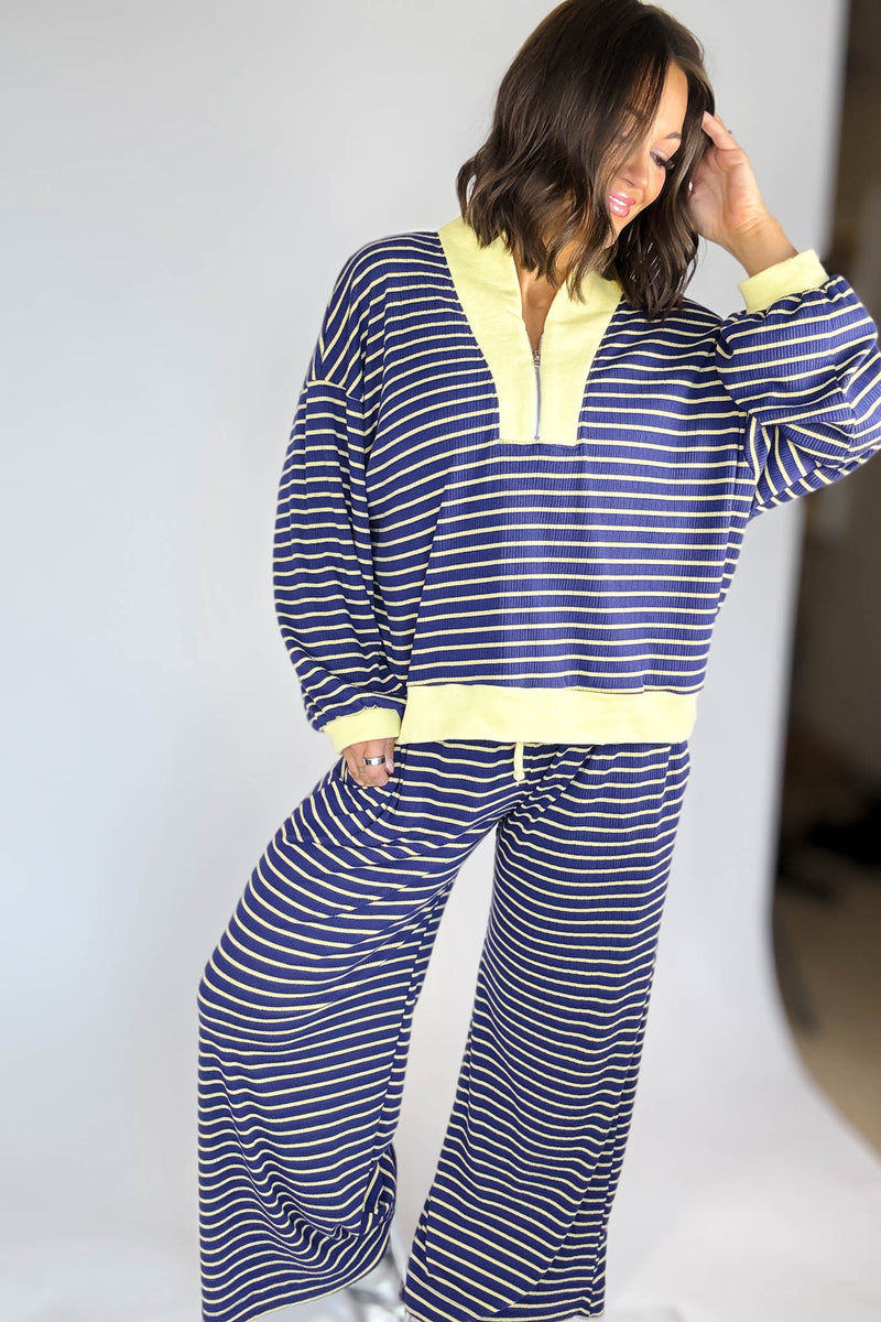 Bucketlist Blue And Yellow Drawstring Waist Stripe Print Ribbed Sweatpants