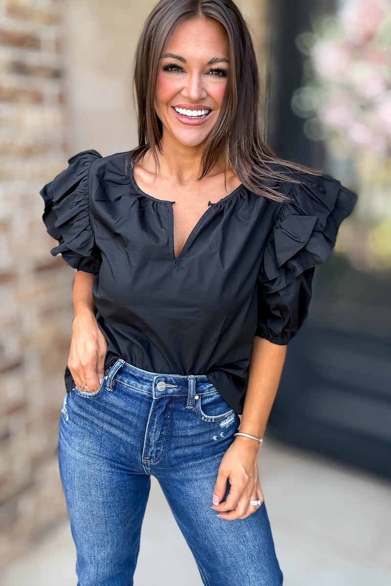 Sugarlips Black Short Ruffle Sleeve Key Hole Blouse