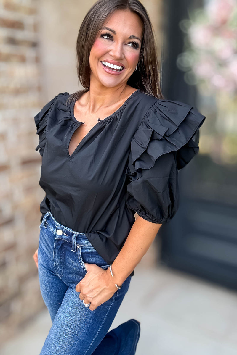 Sugarlips Black Short Ruffle Sleeve Key Hole Blouse