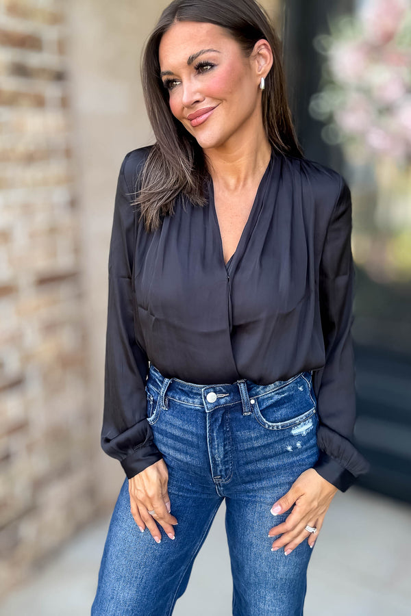 Button Front Black Long Sleeve V Neck Loose Fit Bodysuit