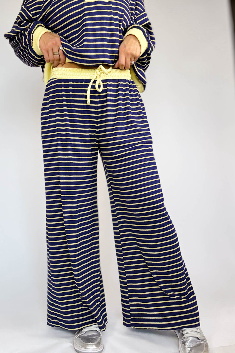 Bucketlist Blue And Yellow Drawstring Waist Stripe Print Ribbed Sweatpants