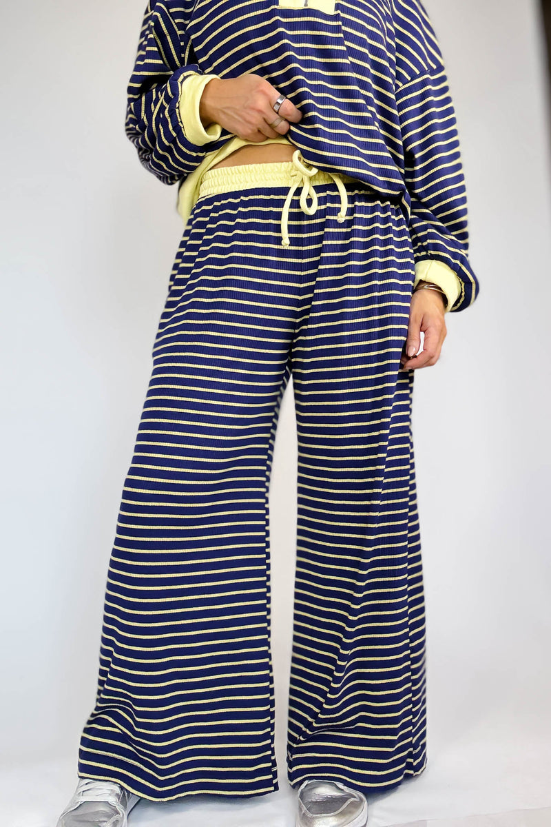 Bucketlist Blue And Yellow Drawstring Waist Stripe Print Ribbed Sweatpants