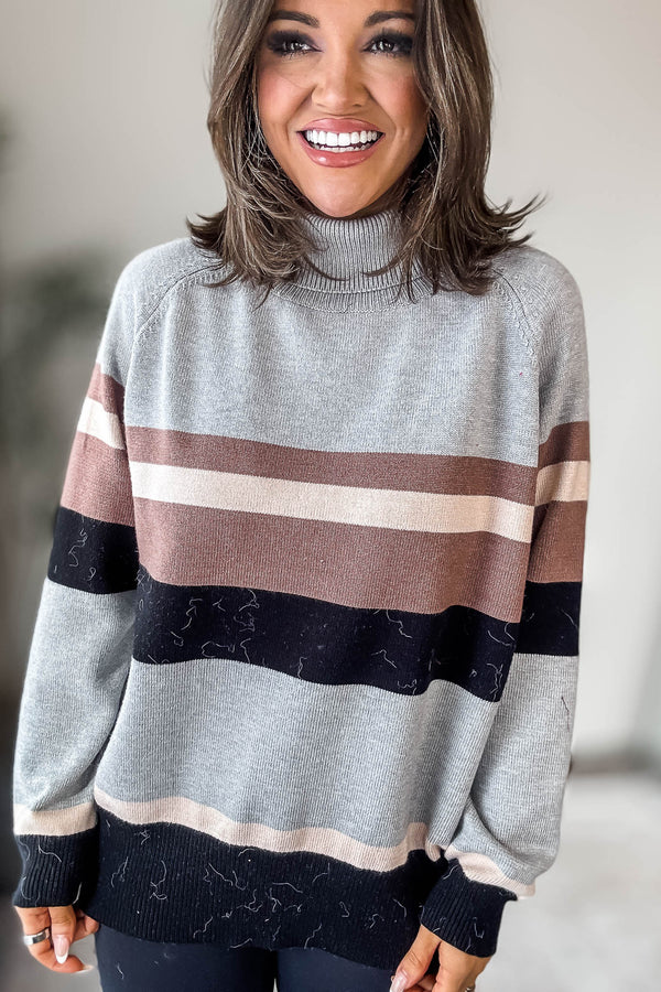 Grey And Black Multi Stripe Turtleneck Sweater
